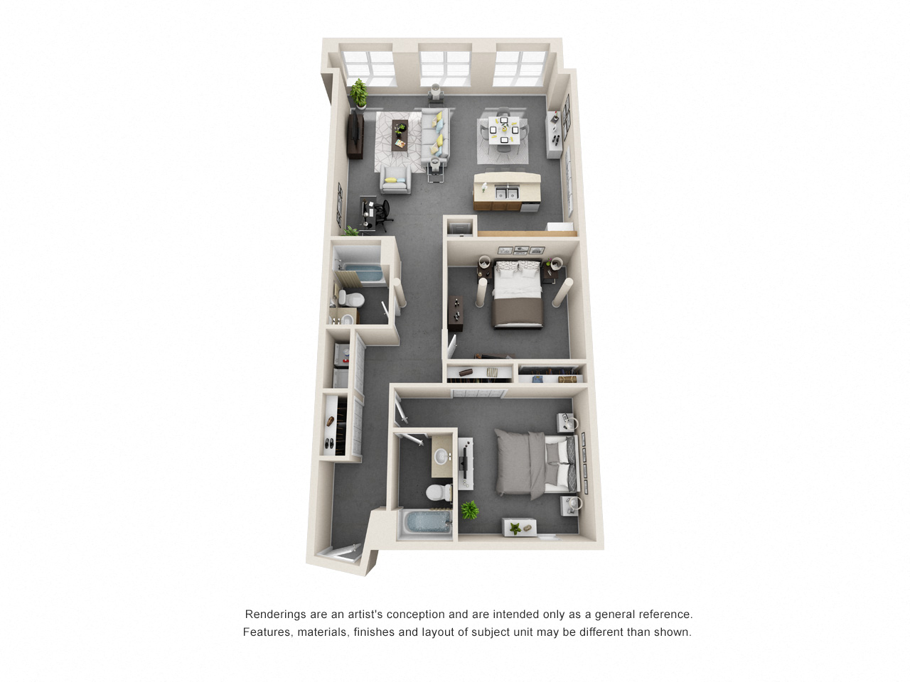 Floor plan for 2 beds, 2 baths, 1289 sqft